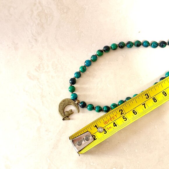 Teal Chrysocolla Short Necklace, Genuine Gemstone & Bronze Cat on the Moon Charm - Picture 11 of 13